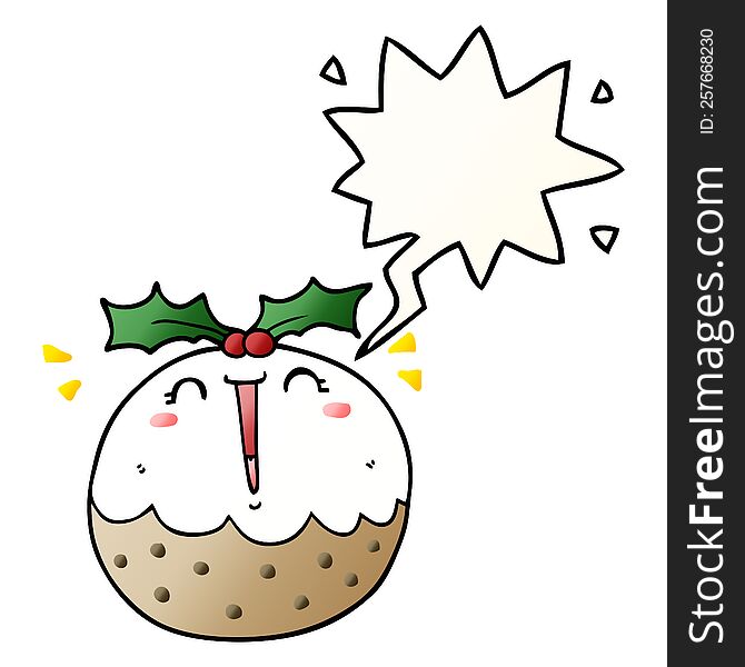 Cute Cartoon Christmas Pudding And Speech Bubble In Smooth Gradient Style