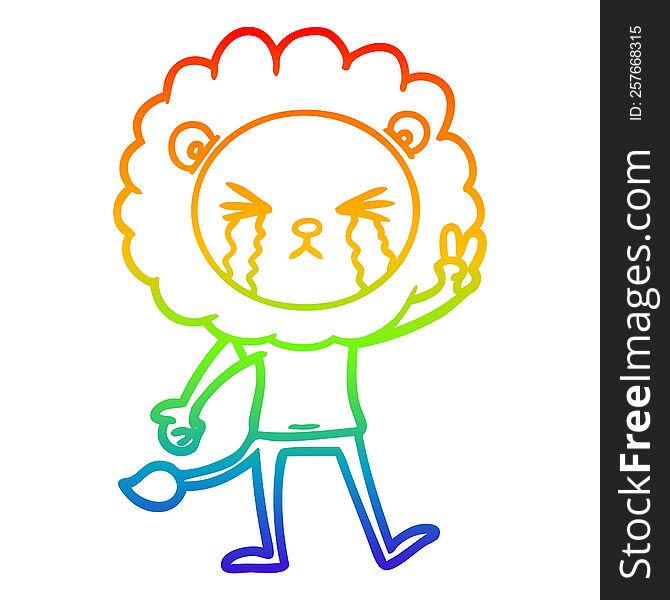 rainbow gradient line drawing cartoon crying lion giving peace sign