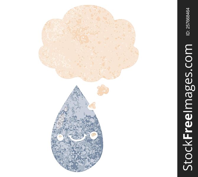 Cartoon Cute Raindrop And Thought Bubble In Retro Textured Style