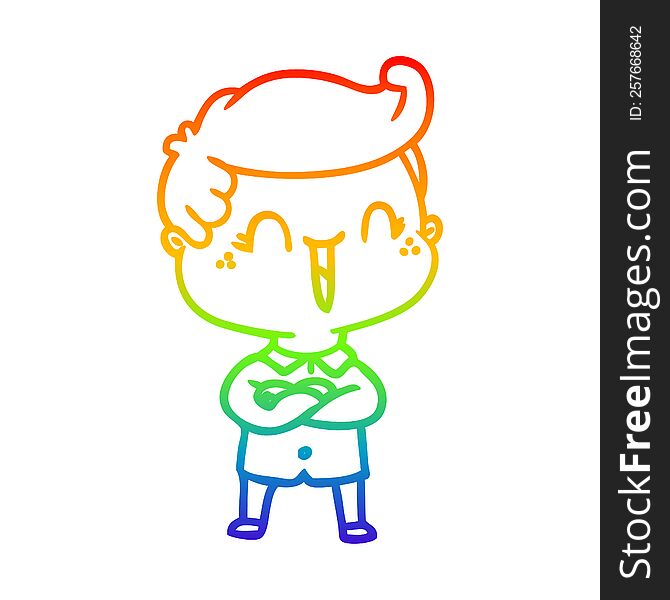 rainbow gradient line drawing of a cartoon laughing boy crossing arms