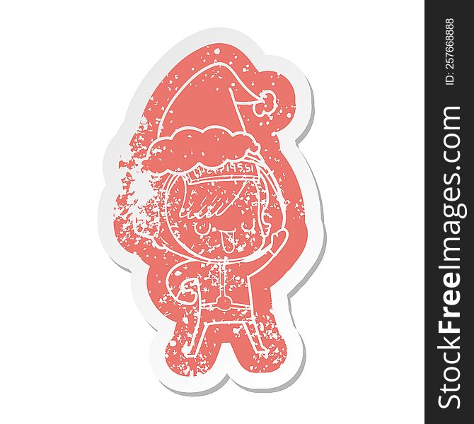 Cartoon Distressed Sticker Of A Astronaut Woman Wearing Santa Hat