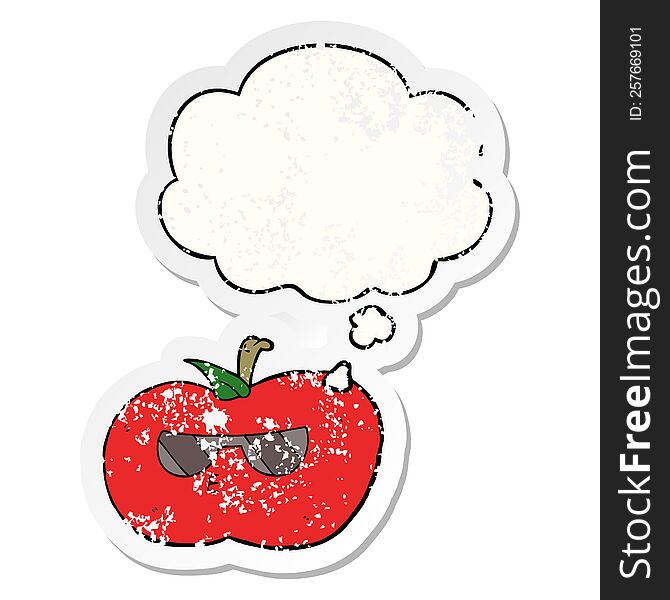 cartoon cool apple with thought bubble as a distressed worn sticker