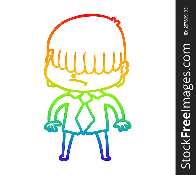 rainbow gradient line drawing of a cartoon boy with untidy hair