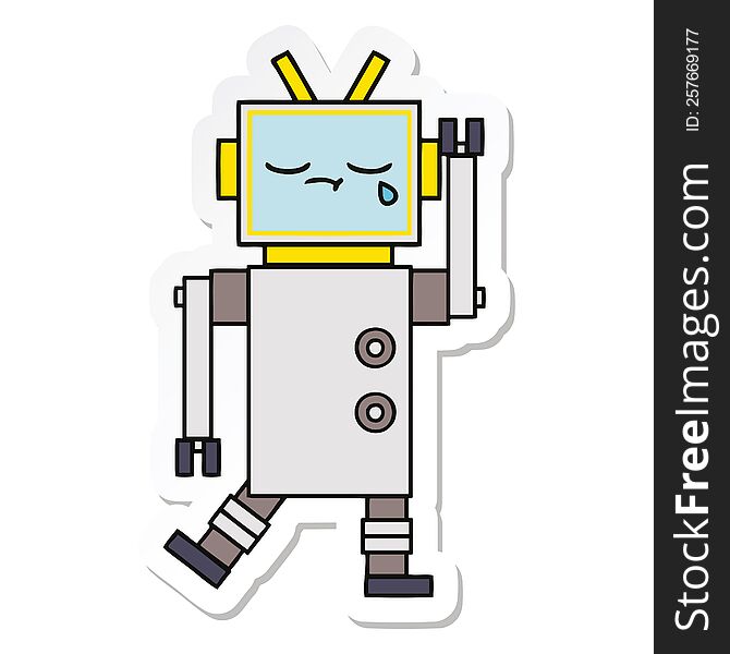 Sticker Of A Cute Cartoon Crying Robot