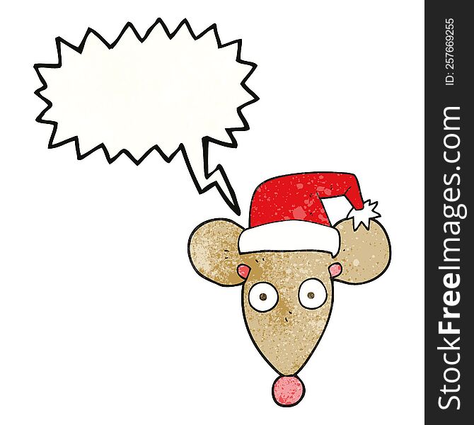 freehand speech bubble textured cartoon mouse in christmas hat