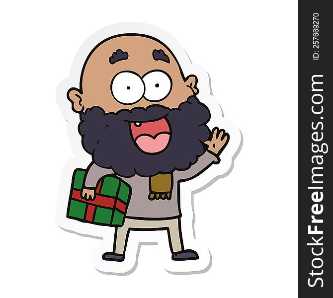 Sticker Of A Cartoon Crazy Happy Man With Beard And Gift Under Arm