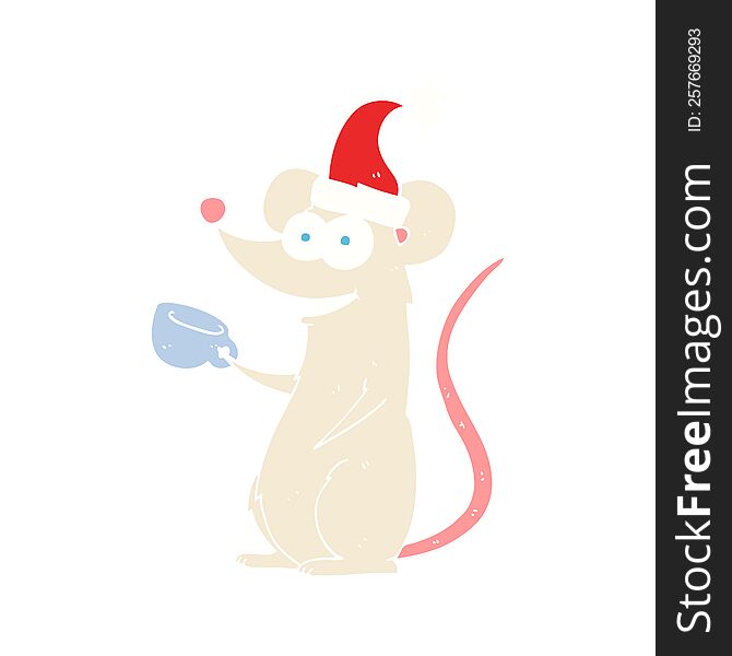 flat color illustration of a cartoon mouse wearing christmas hat