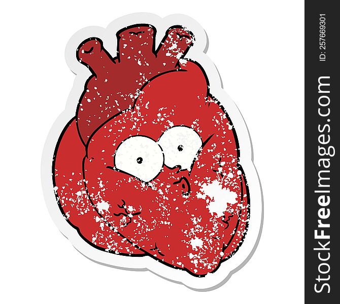 distressed sticker of a cartoon curious heart