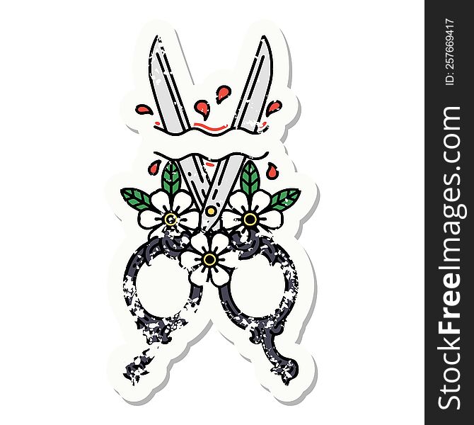 distressed sticker tattoo in traditional style of barber scissors and flowers. distressed sticker tattoo in traditional style of barber scissors and flowers