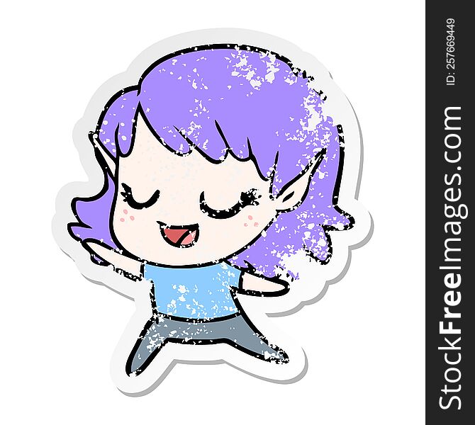 distressed sticker of a carton happy elf girl dancing