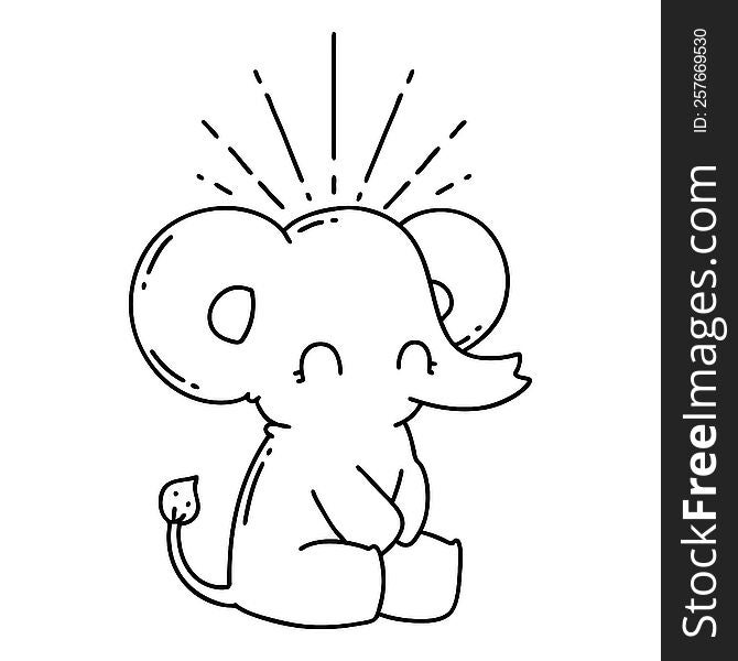 illustration of a traditional black line work tattoo style cute elephant