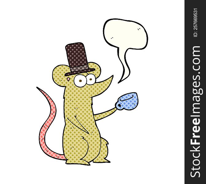 freehand drawn comic book speech bubble cartoon mouse with cup and top hat