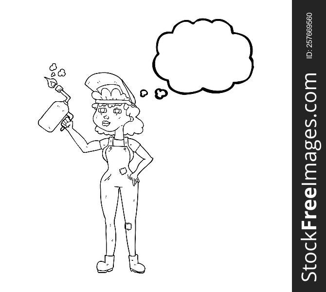 freehand drawn thought bubble cartoon woman welding