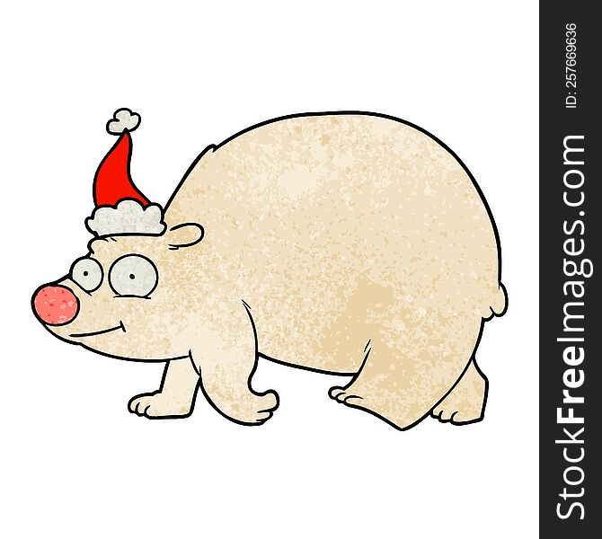 textured cartoon of a walking polar bear wearing santa hat