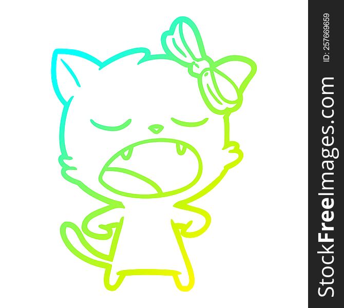 cold gradient line drawing of a cartoon yawning cat