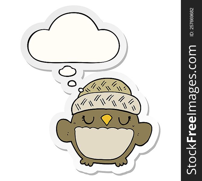 Cute Cartoon Owl In Hat And Thought Bubble As A Printed Sticker