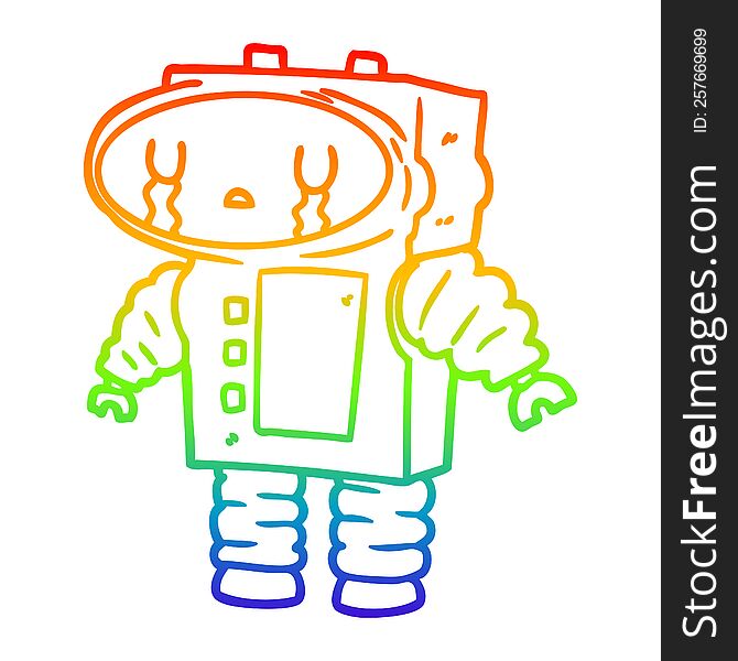 Rainbow Gradient Line Drawing Cartoon Robot Crying