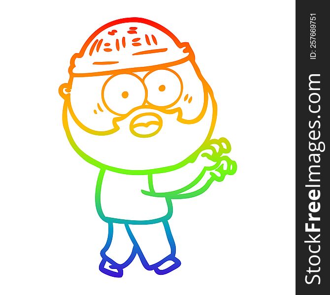 rainbow gradient line drawing of a cartoon bearded man grasping