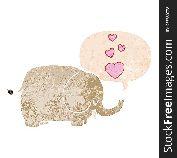 cute cartoon elephant with love hearts and speech bubble in retro textured style