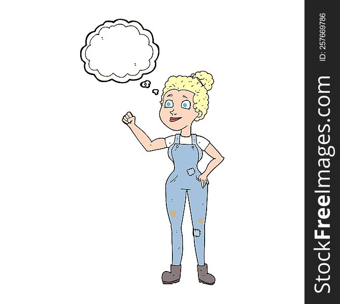 freehand drawn thought bubble cartoon woman in dungarees