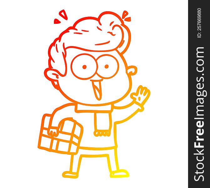 warm gradient line drawing of a cartoon excited man with present