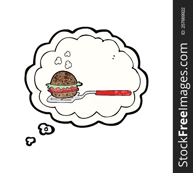 freehand drawn thought bubble textured cartoon spatula with burger