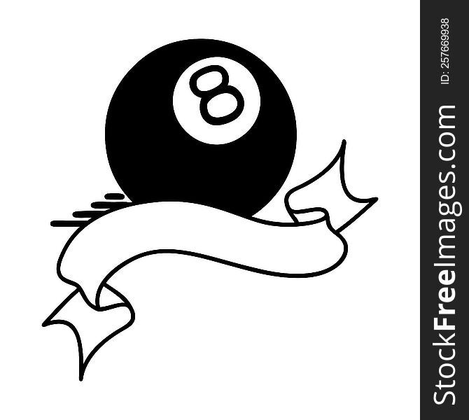 traditional black linework tattoo with banner of 8 ball. traditional black linework tattoo with banner of 8 ball