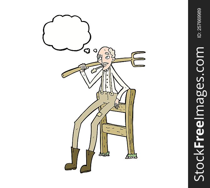 cartoon old farmer leaning on fence with thought bubble