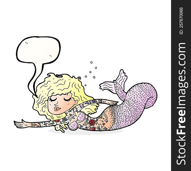 cartoon mermaid covered in tattoos with speech bubble