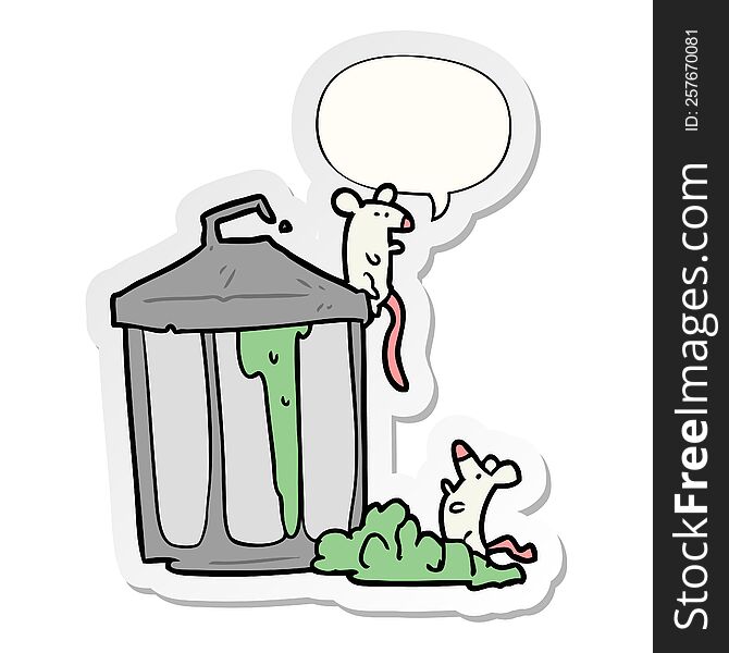 cartoon old metal garbage can and mice and speech bubble sticker