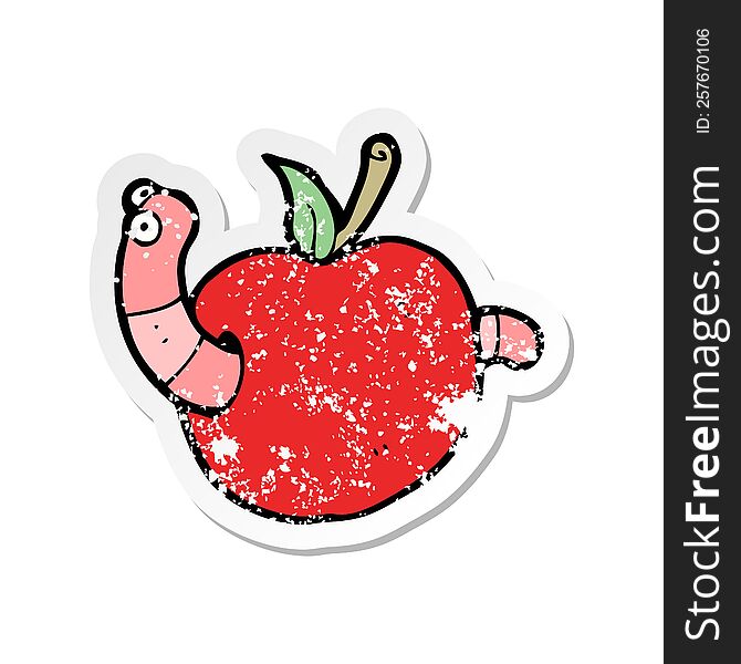 Retro Distressed Sticker Of A Cartooon Worm In Apple