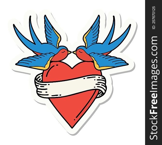 sticker of tattoo in traditional style of swallows and a heart with banner. sticker of tattoo in traditional style of swallows and a heart with banner