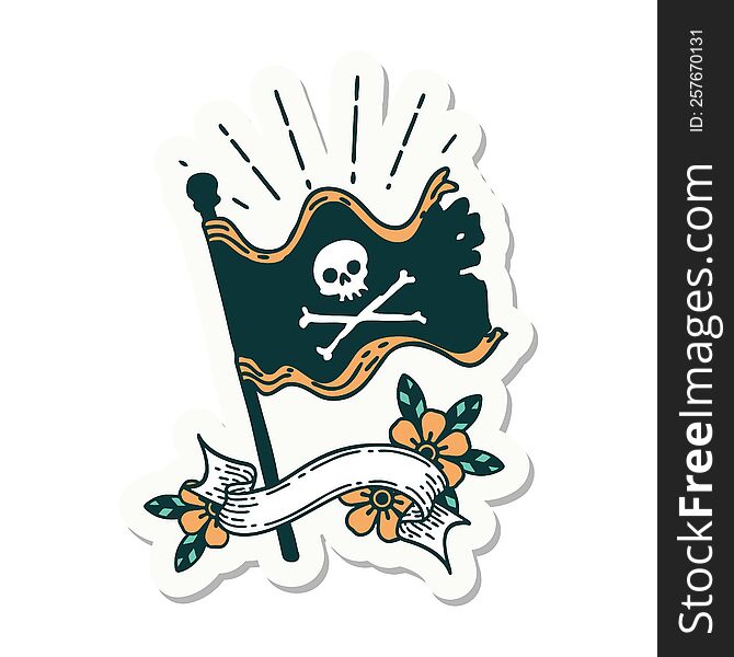 sticker of a tattoo style waving pirate flag