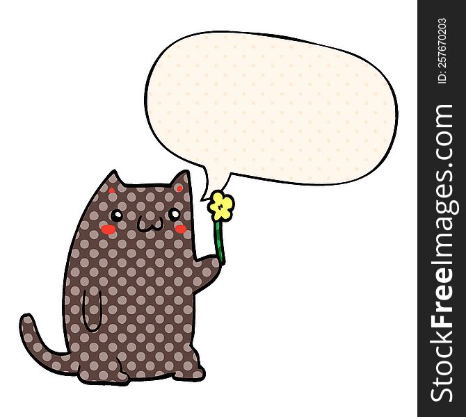 Cute Cartoon Cat And Speech Bubble In Comic Book Style