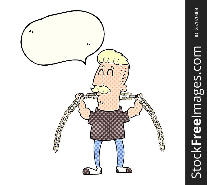 freehand drawn comic book speech bubble cartoon man lifting chain