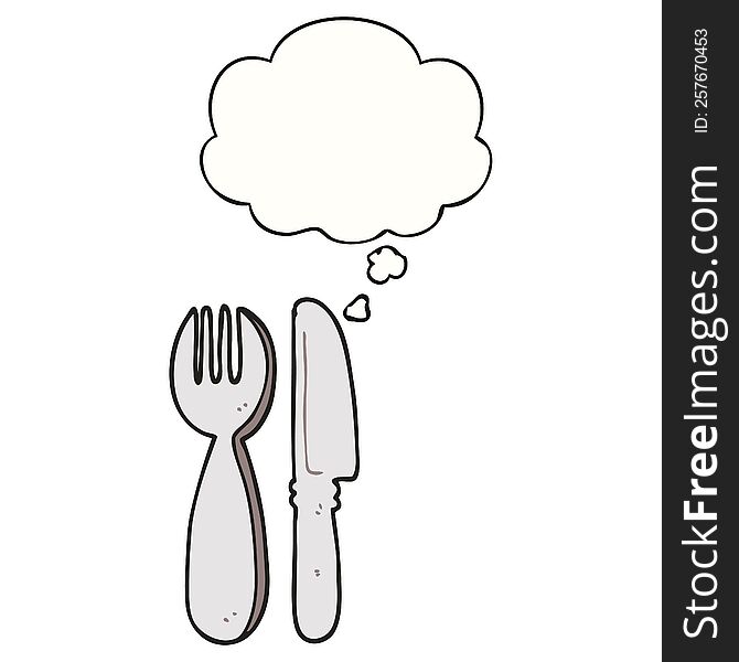 cartoon knife and fork with thought bubble. cartoon knife and fork with thought bubble