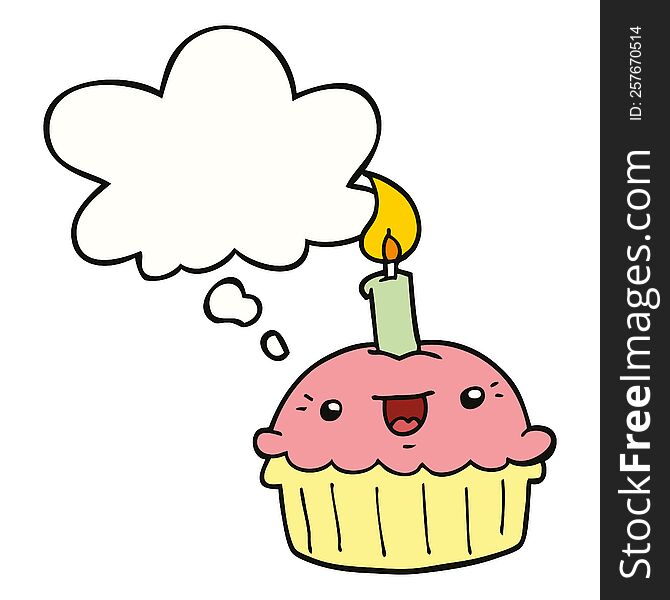 cartoon cupcake with candle with thought bubble