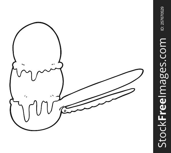 freehand drawn black and white cartoon scoop of ice cream