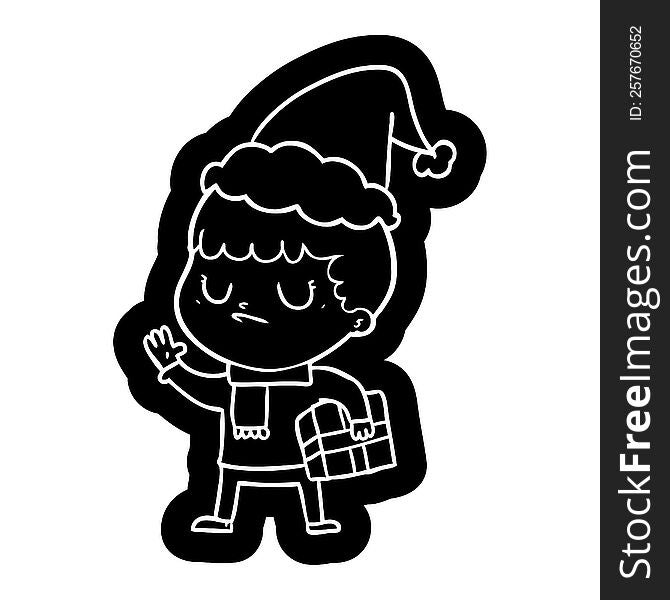 Cartoon Icon Of A Grumpy Boy Wearing Santa Hat