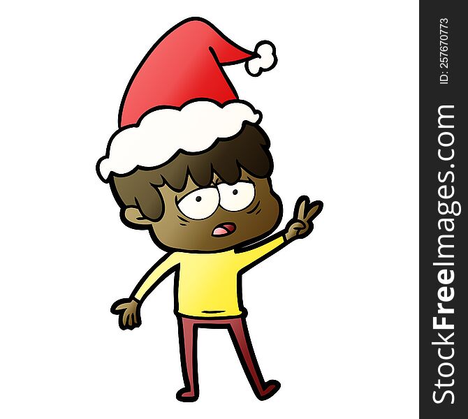 hand drawn gradient cartoon of a exhausted boy wearing santa hat