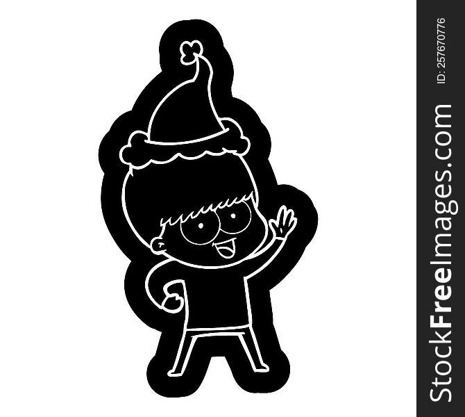 happy quirky cartoon icon of a boy wearing santa hat