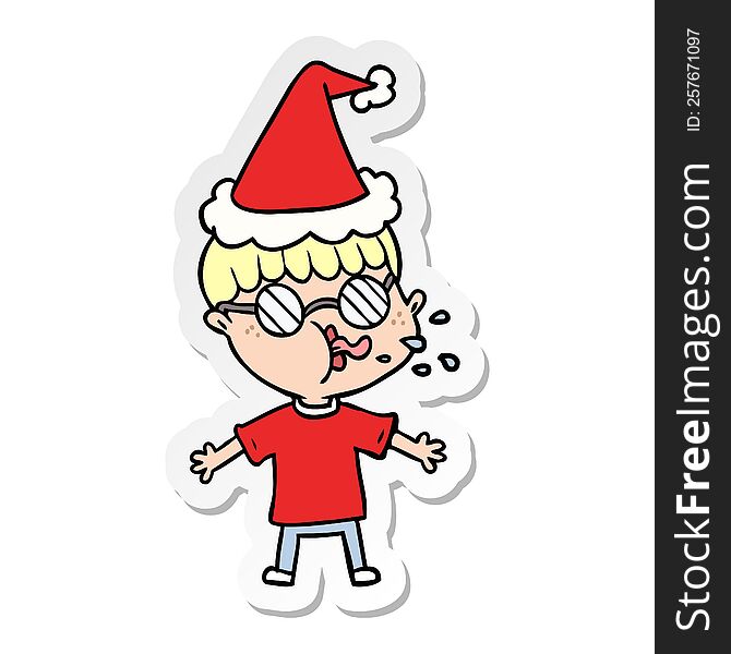 Sticker Cartoon Of A Boy Wearing Spectacles Wearing Santa Hat