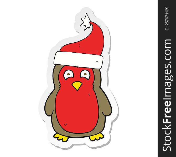 Sticker Of A Cartoon Christmas Robin Wearing Santa Hat