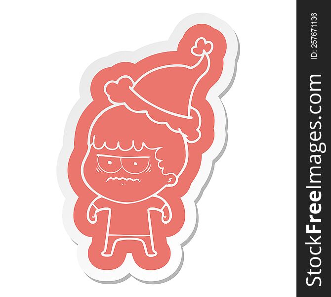 Cartoon  Sticker Of A Annoyed Man Wearing Santa Hat