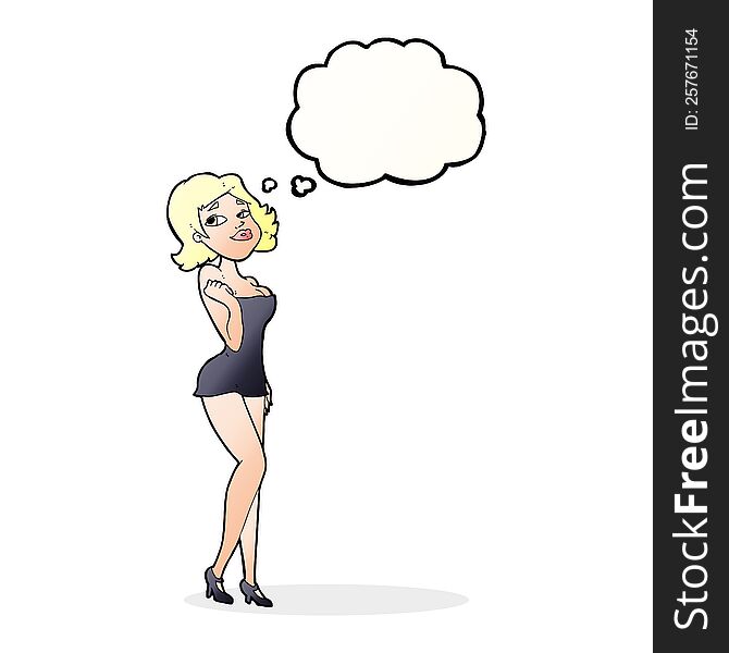 Cartoon Attractive Woman In Short Dress With Thought Bubble