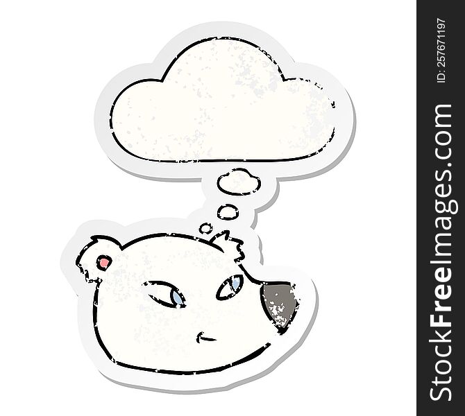 cartoon polar bear face with thought bubble as a distressed worn sticker