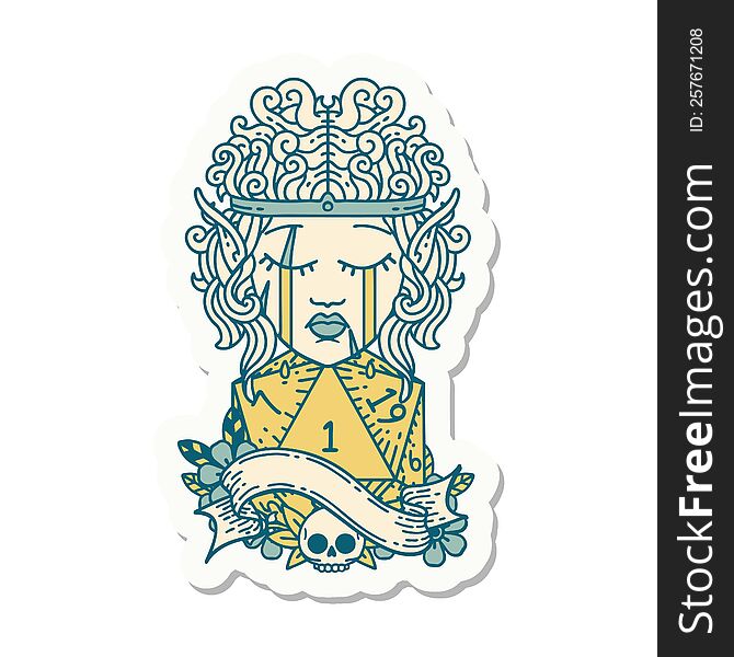 sticker of a crying elf barbarian character face natural one d20 roll. sticker of a crying elf barbarian character face natural one d20 roll