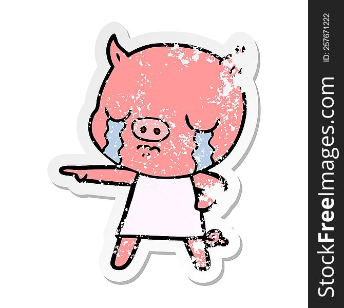 Distressed Sticker Of A Cartoon Pig Crying Pointing