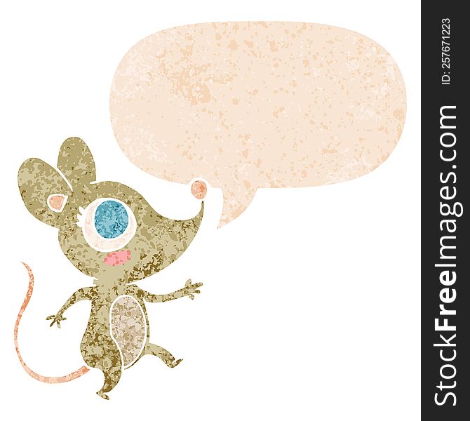 Cartoon Mouse And Speech Bubble In Retro Textured Style