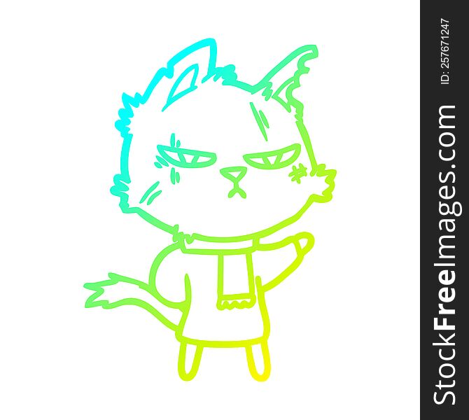 cold gradient line drawing of a tough cartoon cat in winter scarf